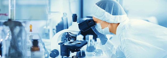 Scientist looking through microscope for biotech and life science research Scientist looking through microscope for biotech and life science research